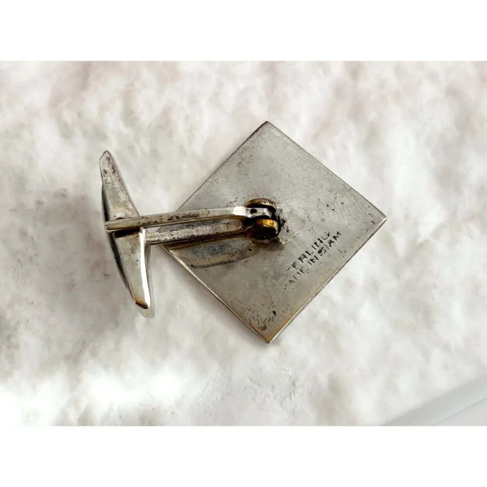 Siam Sterling White Guilloche Square Nielloware Vintage Thai Made 925 Cufflinks